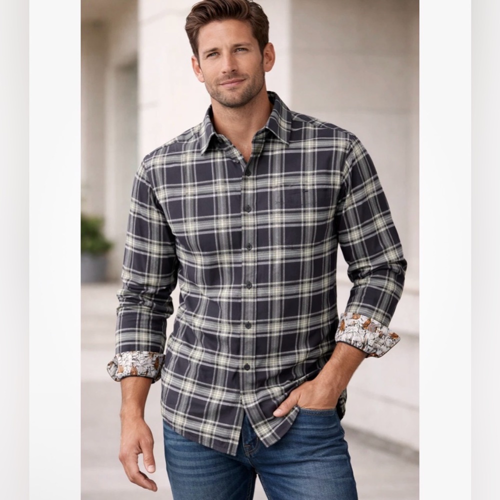 Pladra Flannel Shirt Mens XL Navy White Plaid Wildlife Print Flip Cuff Hunting